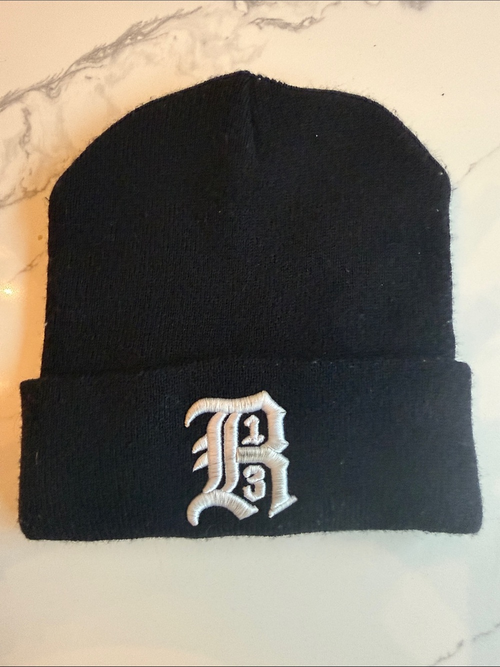 R13 Black Knit Beanie with White Gothic 'R13' Embroidery